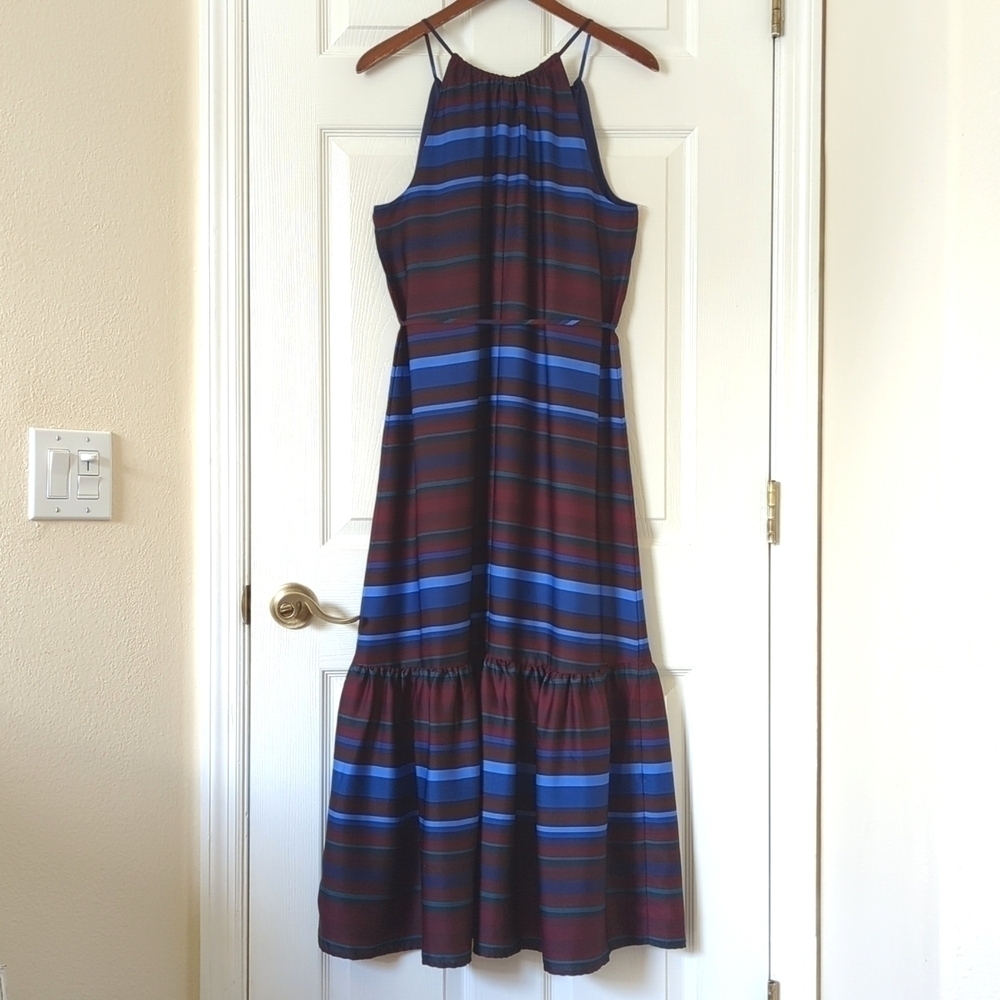 Banana Republic Striped Sleeveless Halter Flounce Hem A-Line Midi Dress Maroon S - Picture 12 of 15